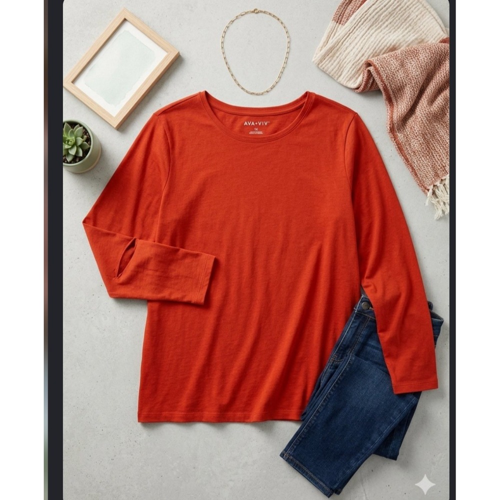 Lands End Women Burnt Orange Long Sleeve Crew Neck T-Shirt Size 1X